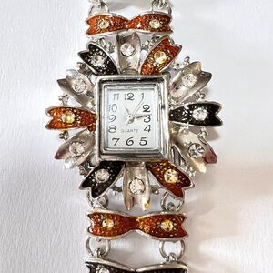 Women's Watch Floral Brown/Black Silver Tone Bracelet Wristwatch‎ 6.5 in